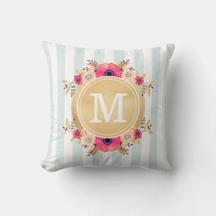 Coussin Fleurs d'aquarelle à la menthe Faux or Monogramme