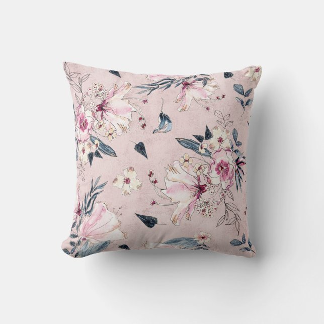 Coussin Fleurs d'aquarelle bleu et bleu marine (Recto)