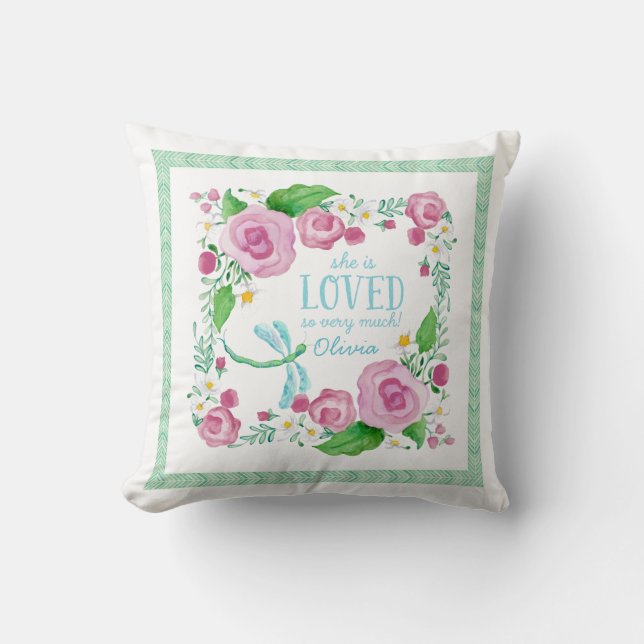 Coussin Fleurs d'aquarelle de jardin de libellules (Recto)