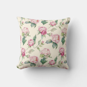 Coussin Fleurs d'aquarelle rose élégantes pivoines roses