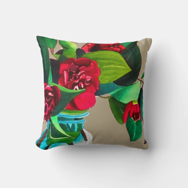 Coussin Fleurs d'aquarelle rouge de camélia d'art (Recto)