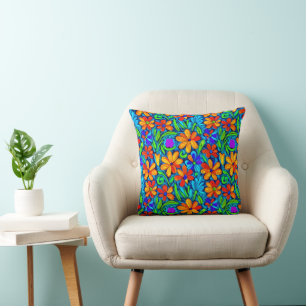 Coussin Fleurs d'art populaire colorées vives