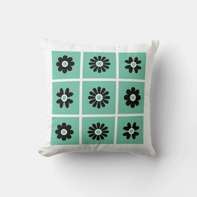 Coussin Fleurs d'art populaire vert et noir (Recto)