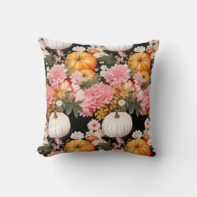 Coussin Fleurs d'automne et design citrouille (Recto)