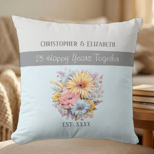 Coussin fleurs de 25e anniversaire de mariage argenté bleu