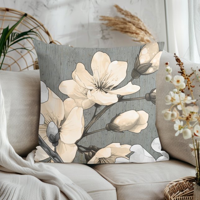 Coussin Fleurs de cerises modernes sur bois gris (Créateur téléchargé)