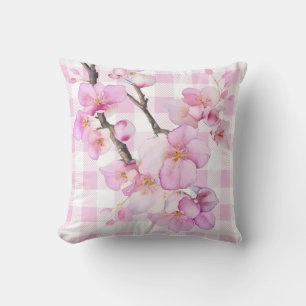 Coussin Fleurs de cerisier à l'aquarelle rose damier rose