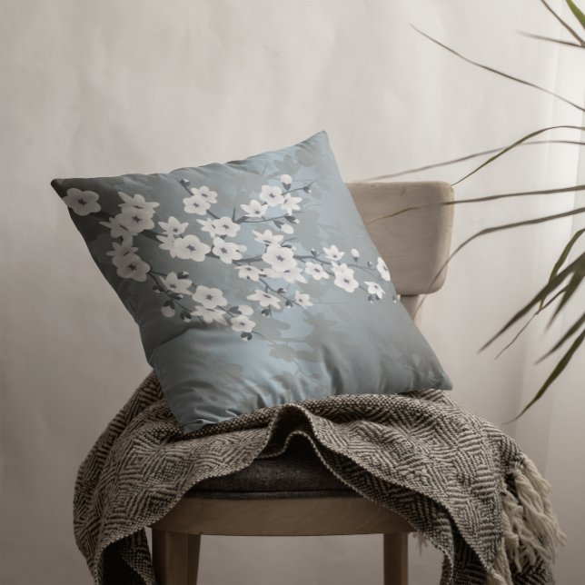 Coussin Fleurs de cerisiers gris bleu blanc (Créateur téléchargé)