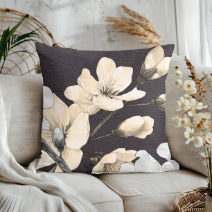 Coussin Fleurs de cerisiers modernes en cuir noir