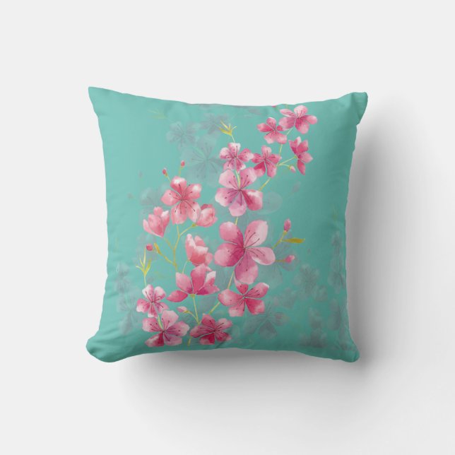 Coussin Fleurs de cerisiers roses sur Turquoise (Recto)