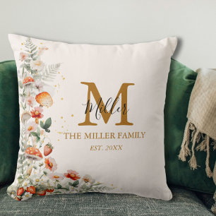 Coussin Fleurs de champignons de forêt Monogramme botaniqu