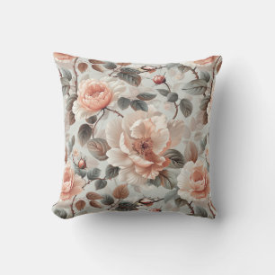 Coussin Fleurs de crème avec feuilles gris sur un gris cla