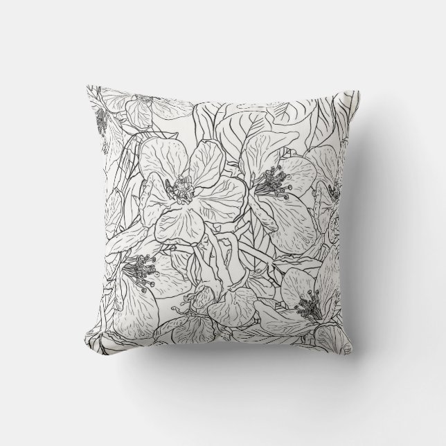 Coussin Fleurs de fleurs de cerisier noir blanc Botanique (Recto)
