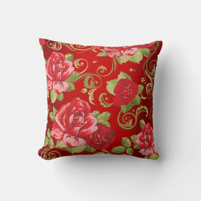 Coussin Fleurs de Jardin roses rouges vertes (Recto)