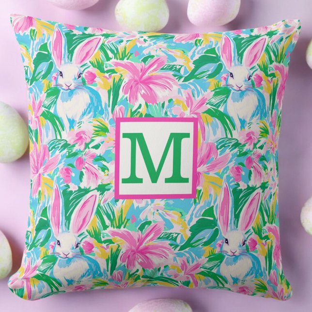 Coussin Fleurs de lapins de printemps de Pâques Monogramme (Créateur téléchargé)