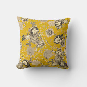 Coussin Fleurs de liserons beige sur fond jaune moutarde