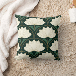 Coussin Fleurs de lotus Art Déco sur motif d'éventails dor