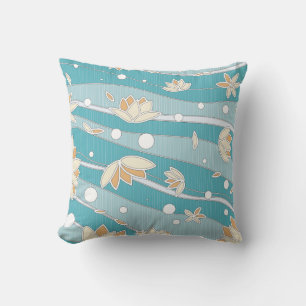 Coussin Fleurs de Lotus Jaunes sur les rayures Cyanes