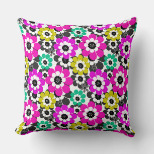 Coussin Fleurs de marguerite colorées Rose Jaune Vert Rétr