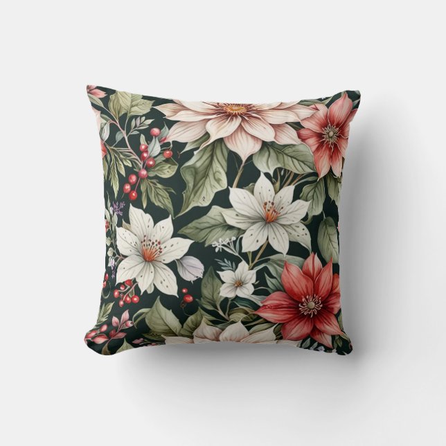 Coussin Fleurs de Noël colorées Élégant Noir (Recto)
