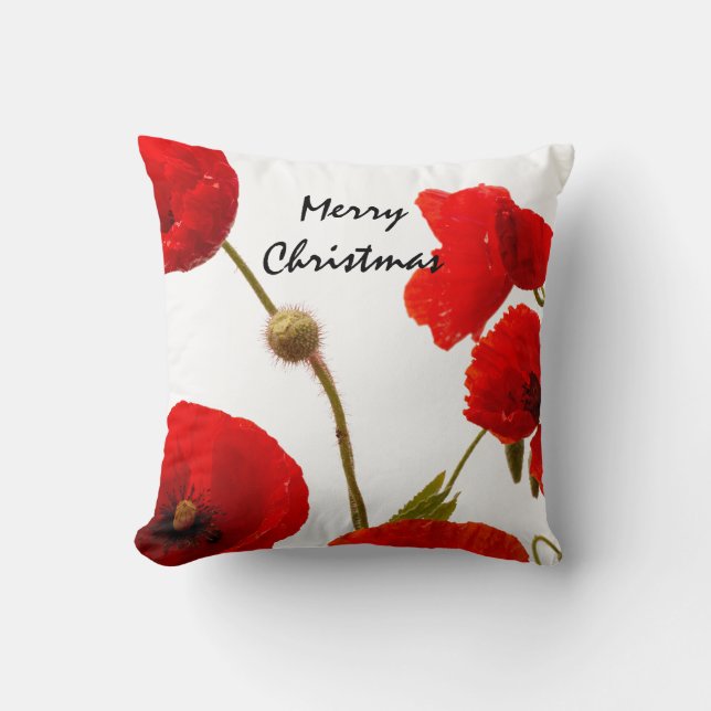Coussin Fleurs de pavot Flore rouge Joyeux Noël Blanc (Recto)