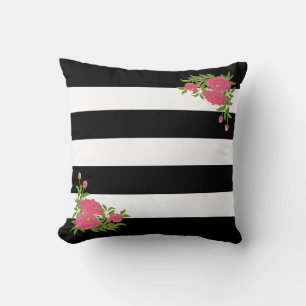 Coussin Fleurs de pivoine sur rayures noires et blanches