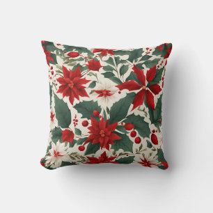 Coussin Fleurs de Poinsététie rouge et blanche et baies de