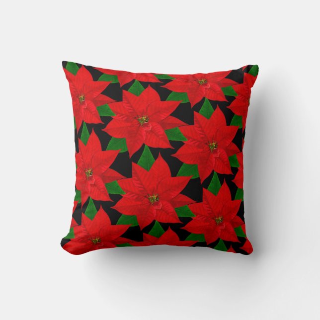 Coussin Fleurs de Poinsettia sur noir (Recto)
