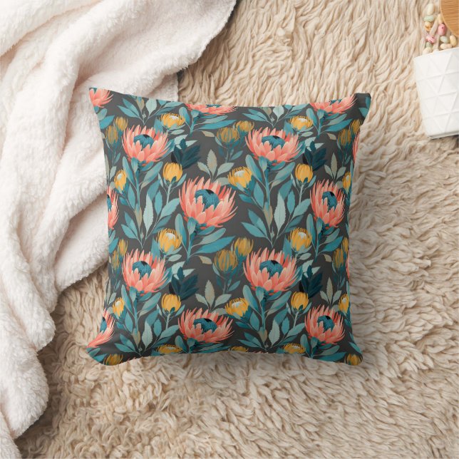 Coussin Fleurs de Protéa Corail Clair et Sarcelle (Couverture)