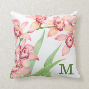 Coussin Fleurs de rose d'aquarelle du monogramme  