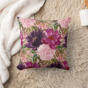Coussin Fleurs de roses botaniques aquarelles rose violet