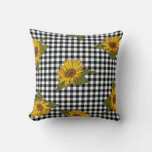 Coussin Fleurs de soleil, chevalet de buffle blanc noir, f
