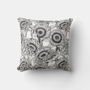 Coussin Fleurs de soleil et ailerons en noir et blanc