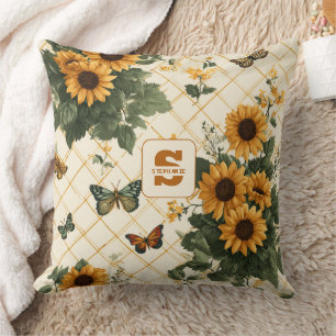 Coussin Fleurs de soleil et papillons sur Jaune clair