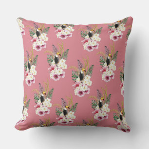 COUSSIN FLEURS DE TROPICAL HIBISCUS ROSE ET BLANC