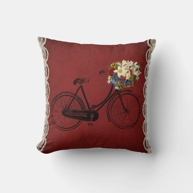Coussin fleurs de vélo rouge extérieur ou intérieur (Recto)