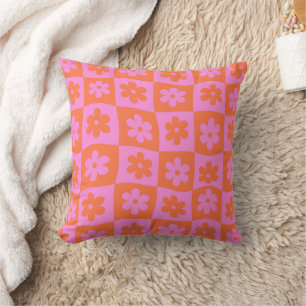 Coussin Fleurs déformées À damiers rose orange rétro