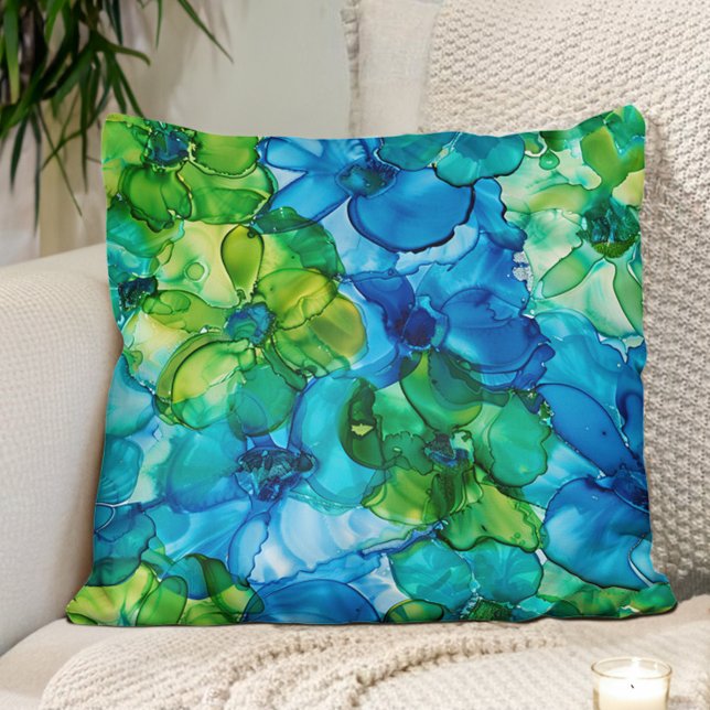 Coussin Fleurs d'encre d'alcool bleu vert (Blue and green alcohol ink floral pillow)