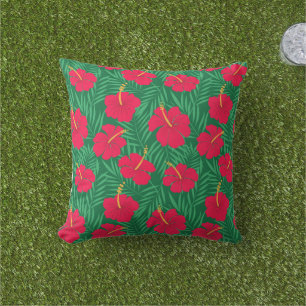 Coussin Fleurs d'Hibiscus Rouge sur Feuilles Tropicales Ve