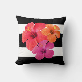 Coussin Fleurs D'Hibiscus Sur Des Grandes Blances Noires