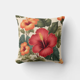 Coussin Fleurs d'Hibiscus Tropiques Rétro