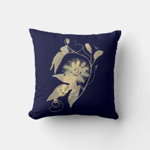 Coussin Fleurs d'or élégantes sur floral bleu marine