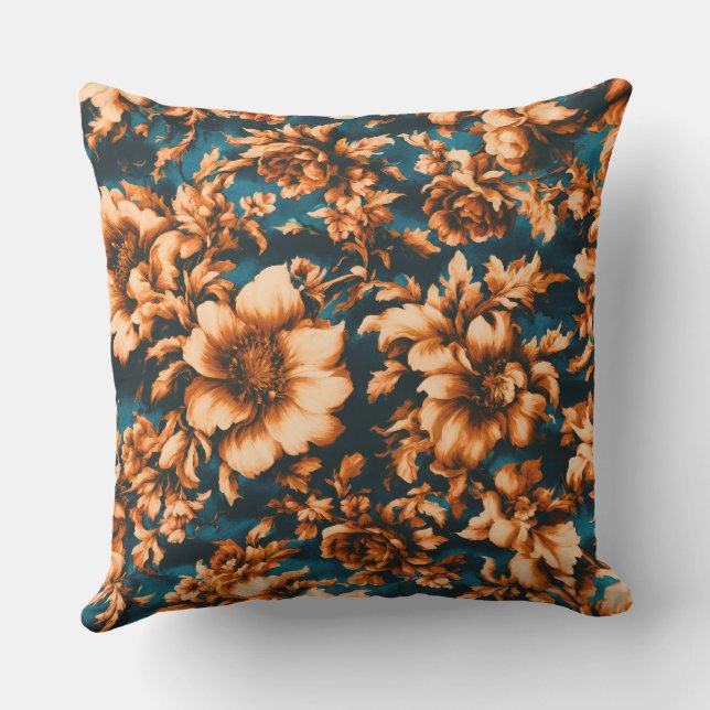 Coussin Fleurs d'or luxueuses, Feuilles sur Bleu (Verso)