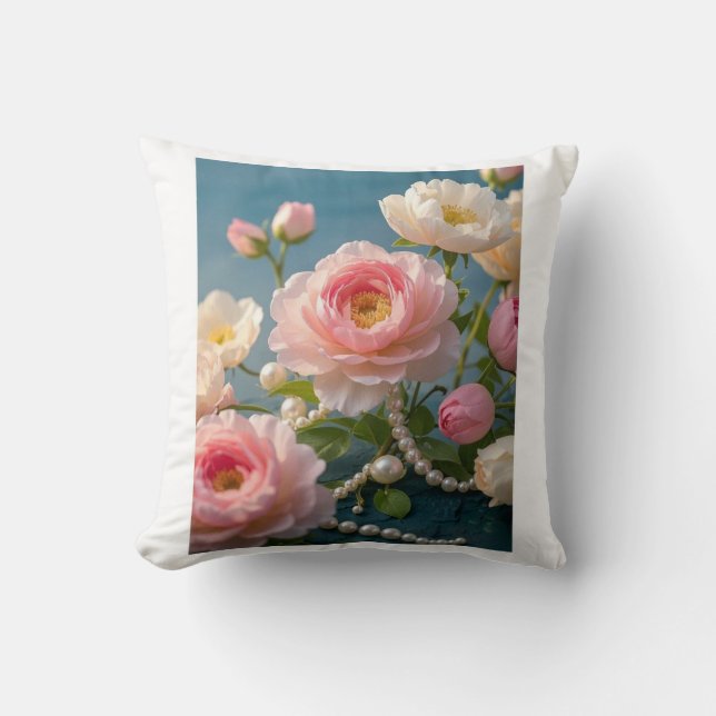 Coussin Fleurs élégantes rose pâle avec perles  (Recto)