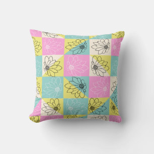 Coussin Fleurs élégantes rose sarcelle et jaune Damier pas