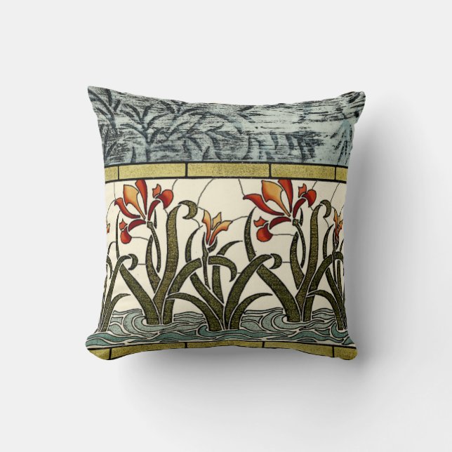 Coussin Fleurs en verre tendu avec bordure en tan (Recto)
