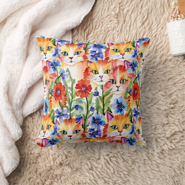 Coussin Fleurs et chats d'aquarelle d'art populaire (Couverture)