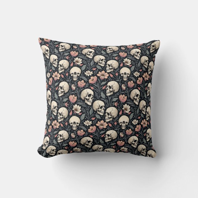 Coussin Fleurs et crânes roses poussiéreux (Recto)