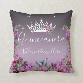 Coussin Fleurs et papillon Quinceanera violet