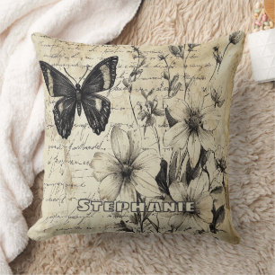 Coussin Fleurs et papillons rustiques - Papier vieilli (1)